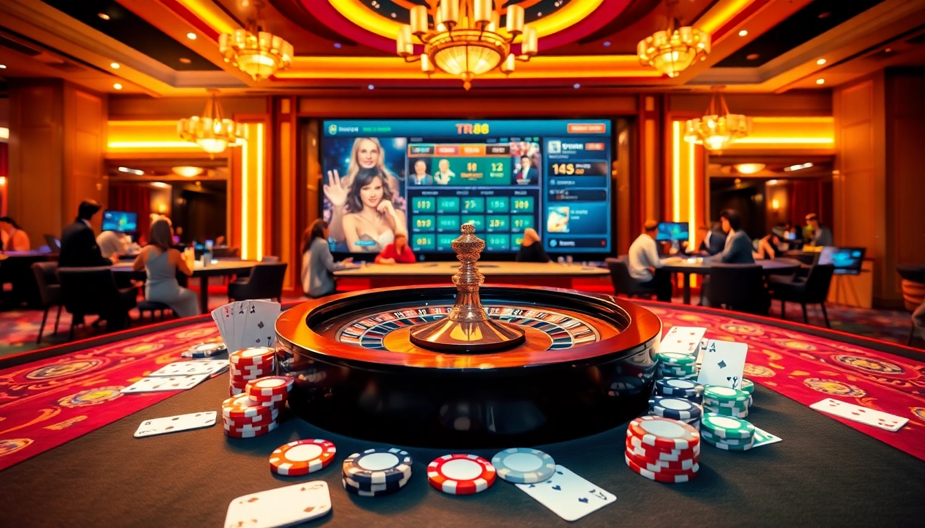 Players enjoying a thrilling gambling experience at TR88 casino, featuring roulette and poker elements.