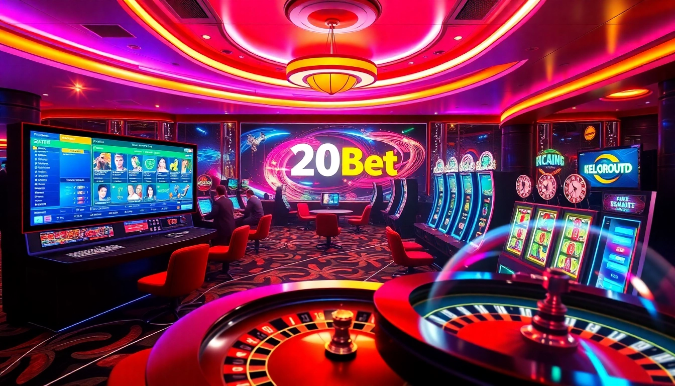 Players engaging with the 20bet platform in a luxurious casino environment, showcasing excitement and professionalism.