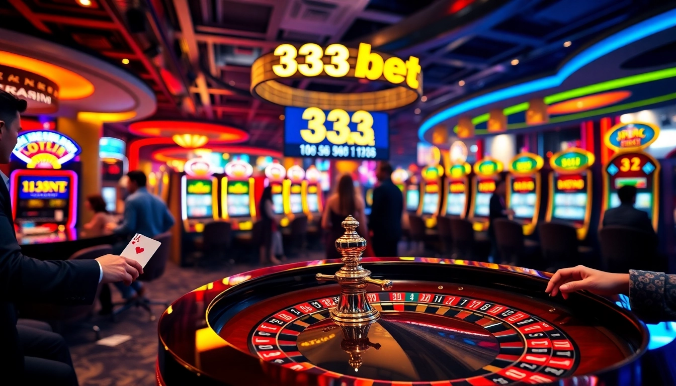 Players enjoying a thrilling game at the 333bet casino, with vibrant roulette and slot machines.