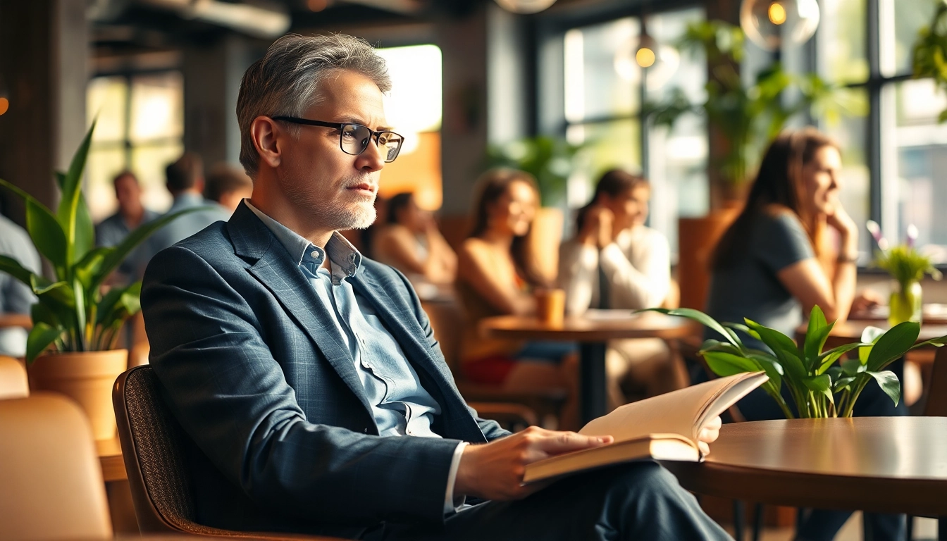Le professionnel méditant sur son style de vie dans un café animé, ambiance inspirante.