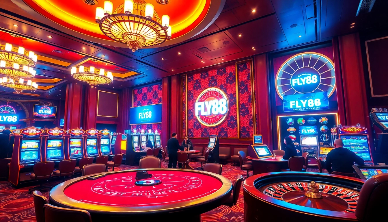 Experience FLY88's vibrant casino atmosphere filled with poker tables and slot machines.