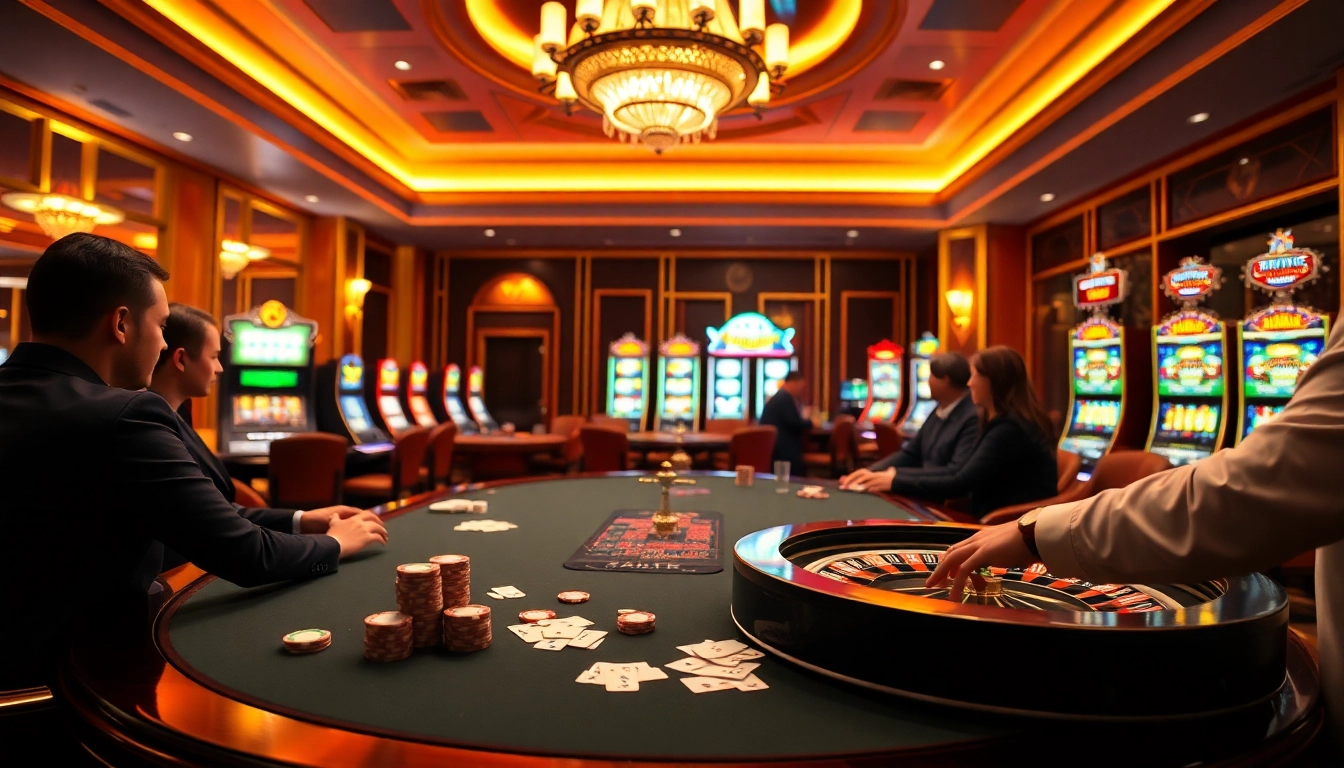 Players at 777g engaged in a thrilling poker game amid vibrant casino lights.