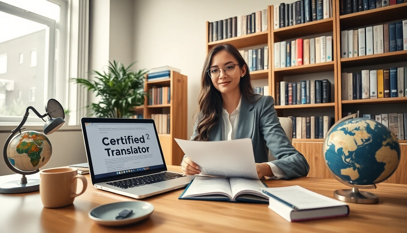 Un traducteur professionnel certifié travaillant dans un bureau moderne, illustrant son expertise en traduction de documents.