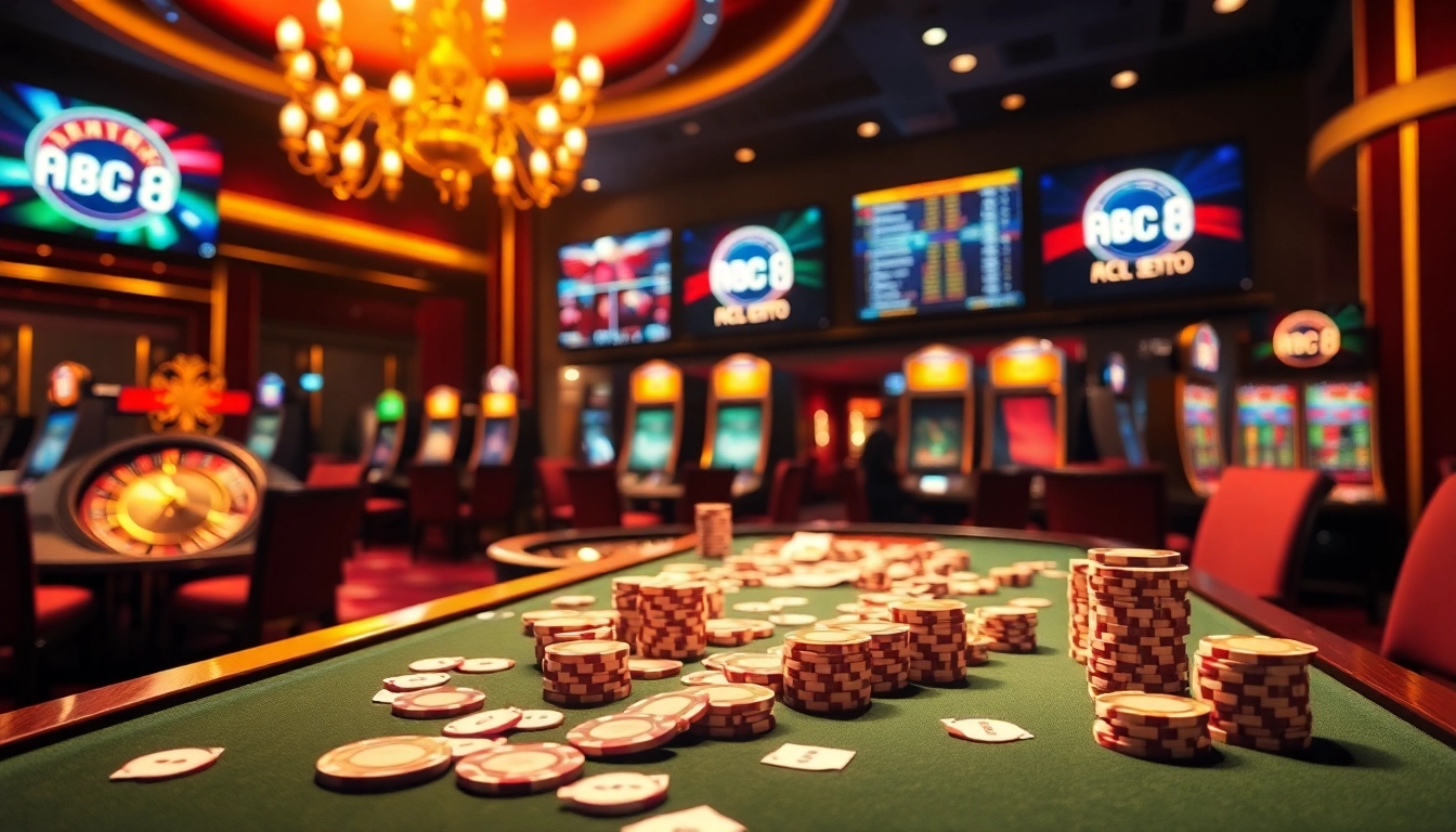 Engage with the vibrant casino atmosphere of ABC 8, featuring roulette, cards, and chips for exciting gameplay.