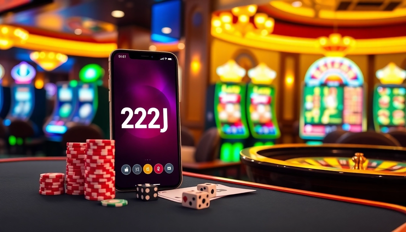 Engage with the 22jl app, showcasing an immersive casino experience with slot machines and poker chips.