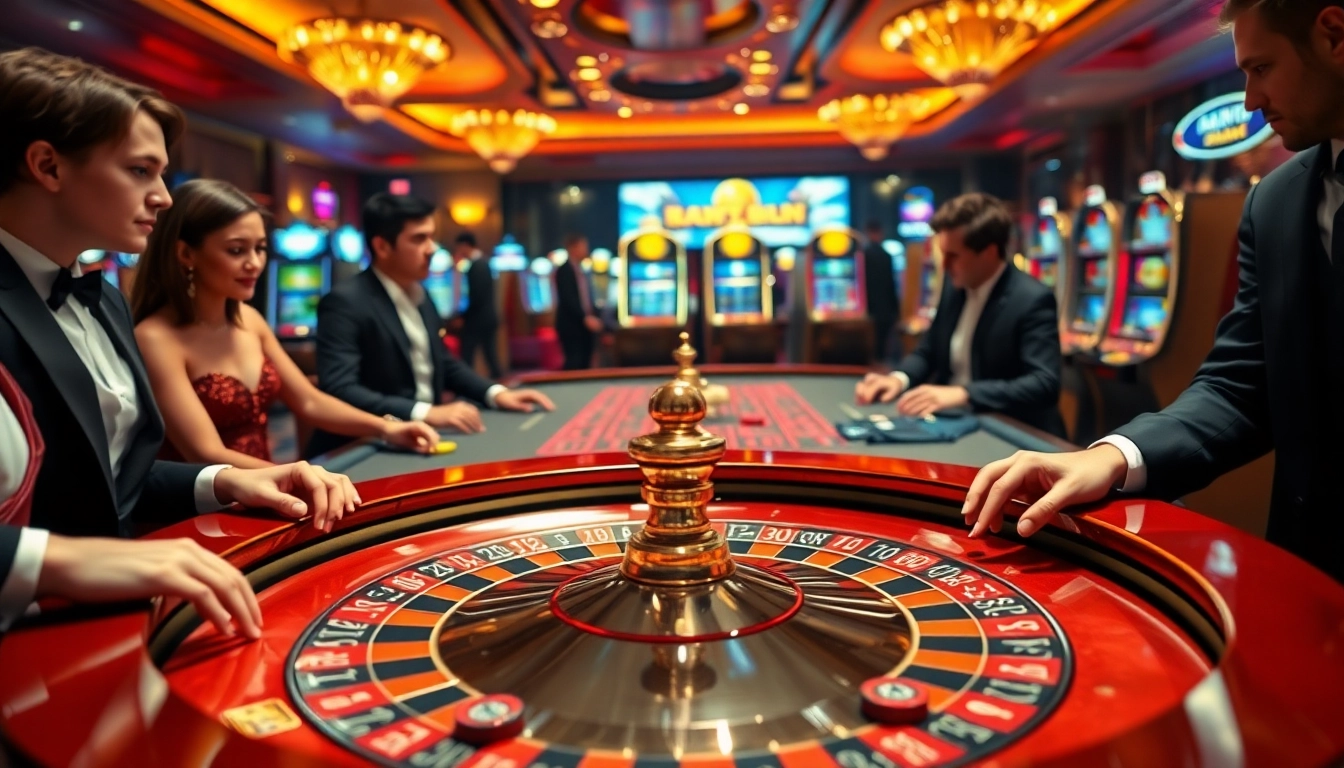 Exciting gambling action at a luxurious RIKVIP casino, showcasing roulette and poker tables