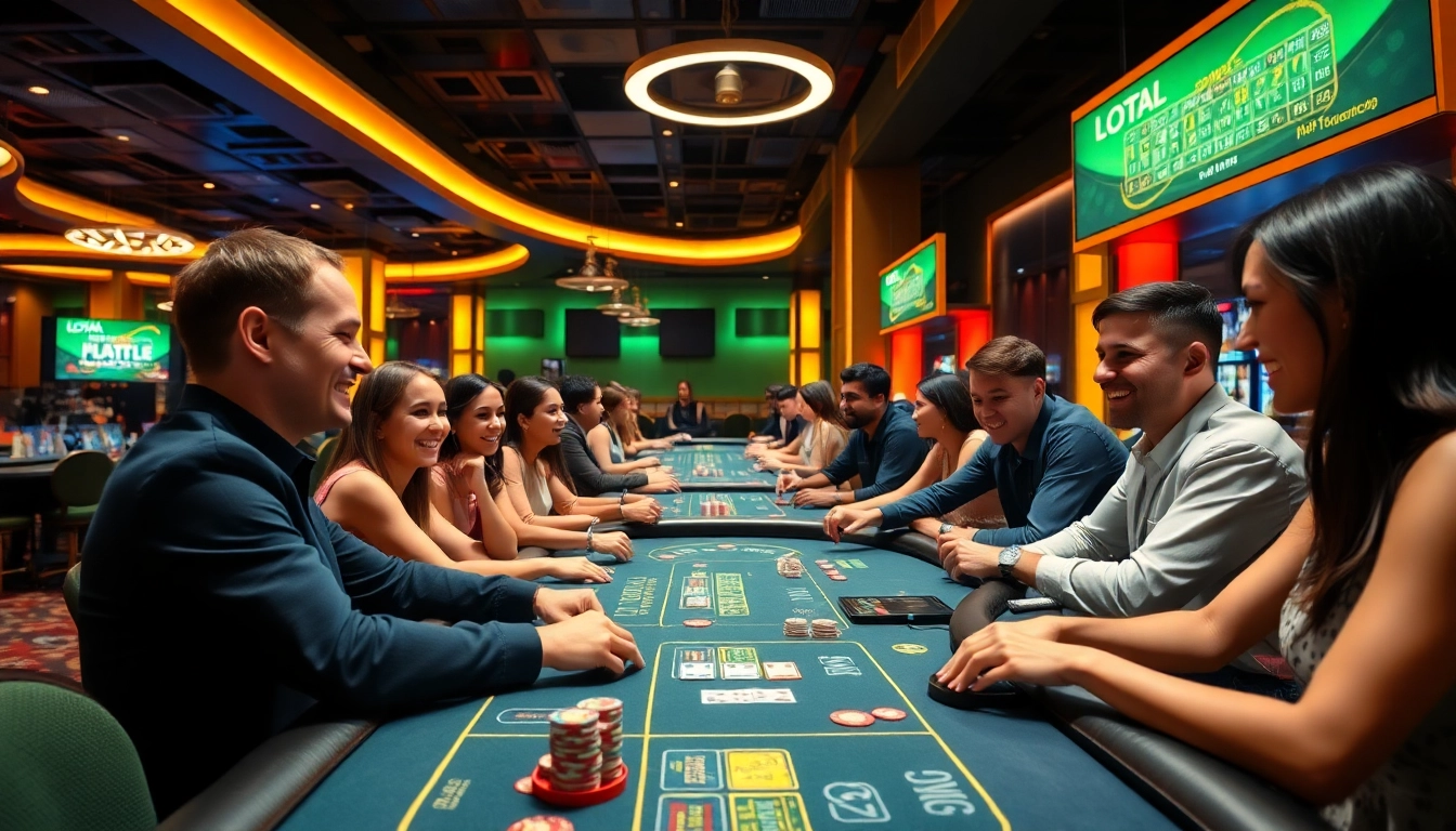 Visiteurs jouant au meilleur casino en ligne avec des tables colorées et une ambiance excitante