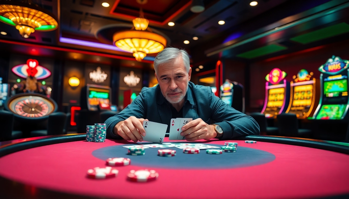 Experience high-stakes action at Luck8's poker table with vibrant chips and exciting gameplay.