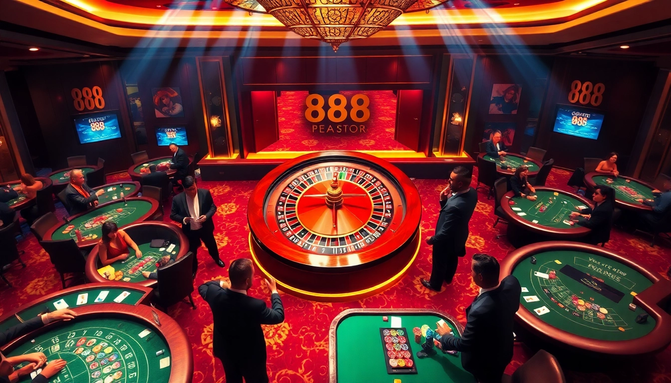 Win at u 888 in a luxurious casino environment showcasing roulette, poker, and blackjack excitement.