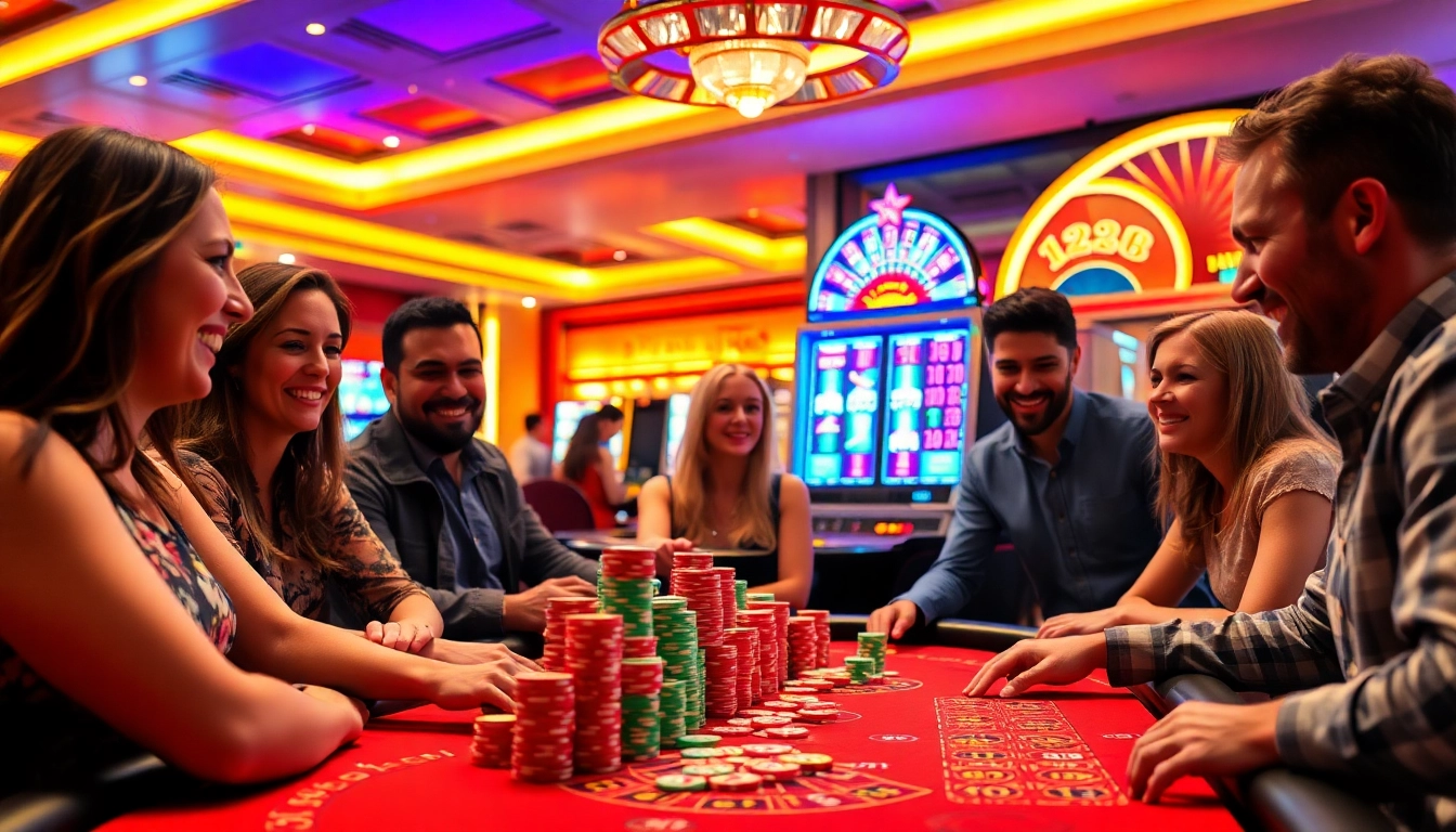 Experience the thrill of winning at 123b in this vibrant casino scene featuring table games and slot machines.