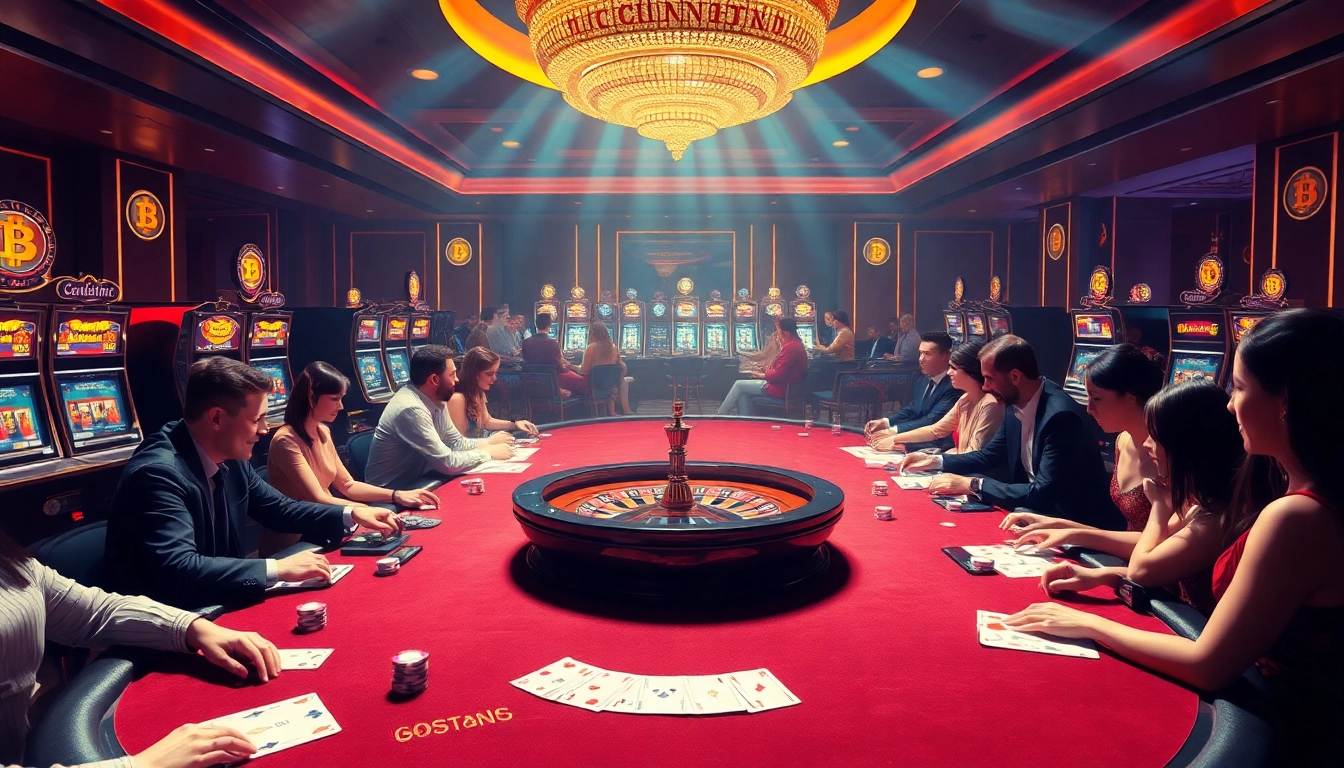 Experience the excitement of a Bitcoin casino with vibrant gaming tables and players engaged in thrilling gameplay.