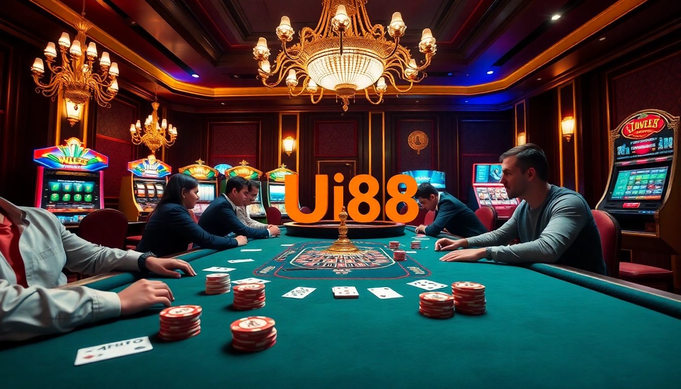 Experience thrilling moments at UU88's luxurious casino, featuring poker tables and vibrant slot machines.