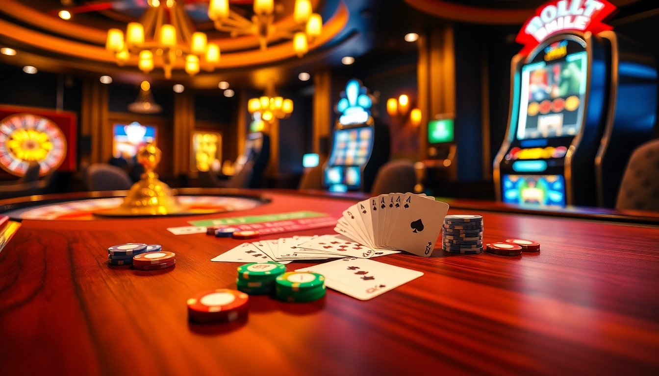 Exciting casinos en ligne scene with blackjack table, roulette wheel, and slots.