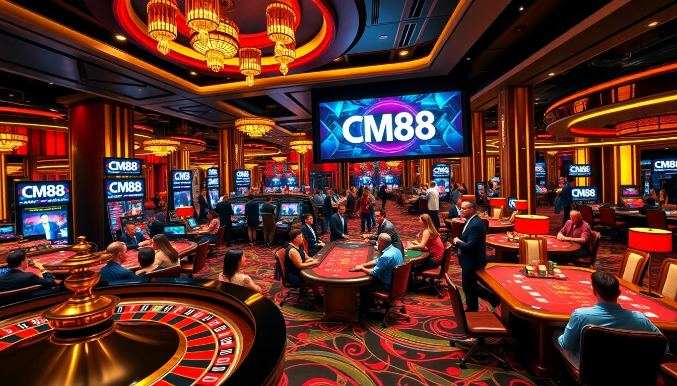 Gamblers engaging with live roulette and poker at CM88's luxurious online casino experience.