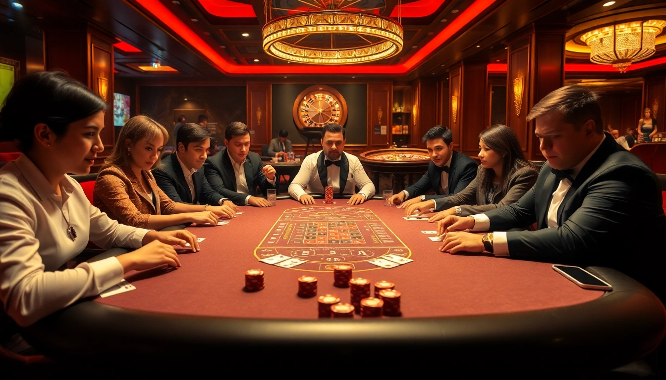 Experience thrilling gameplay at Rikvip as players engage in high-stakes poker surrounded by a vibrant casino atmosphere.