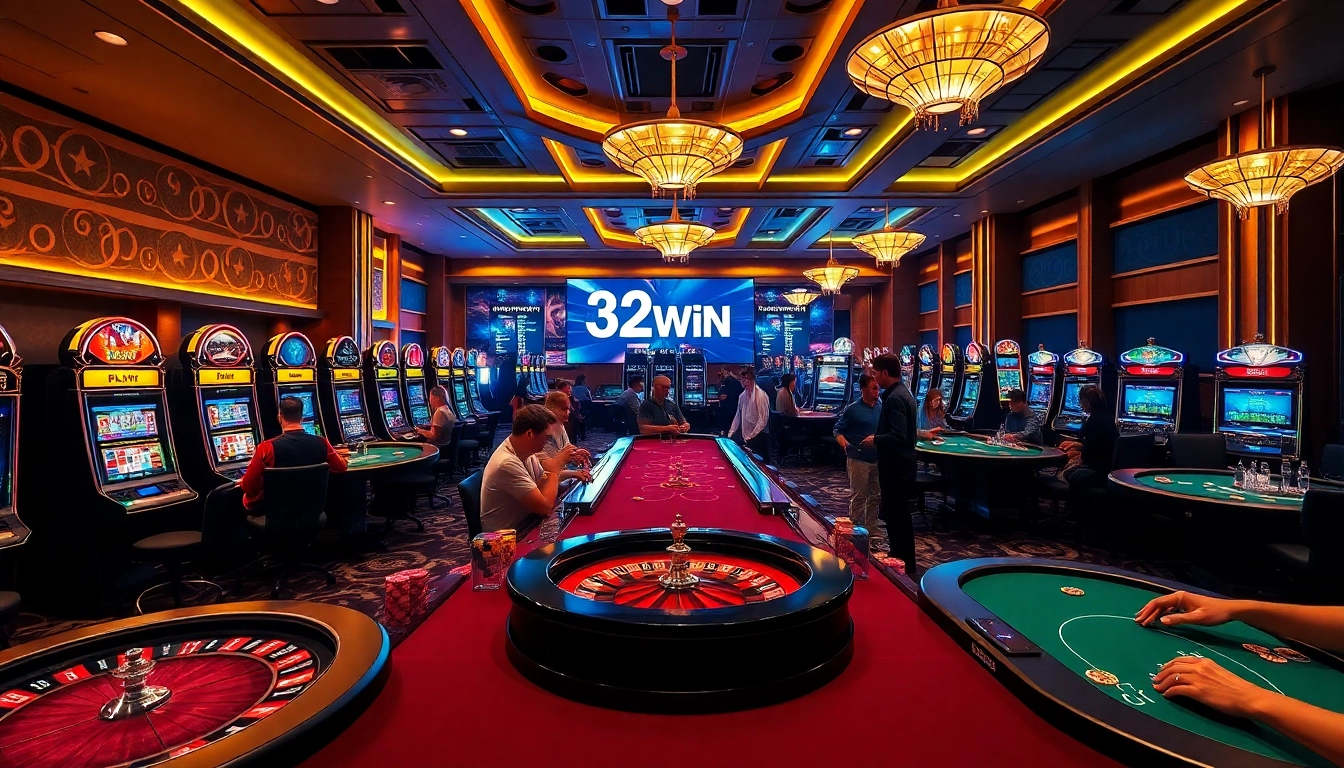Players winning at a casino featuring 32WIN with poker chips and vibrant slot machines.