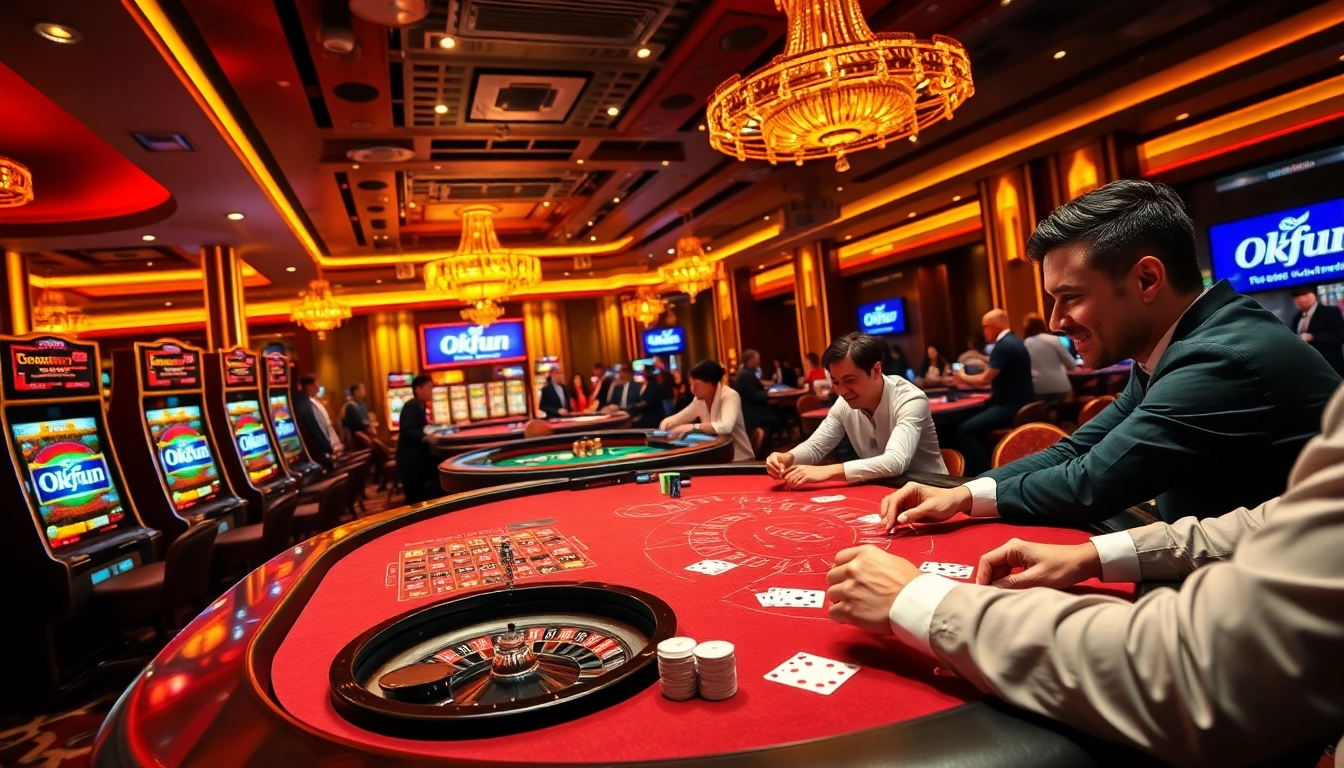Players enjoying thrill and excitement of gambling with Okfun branding at a luxurious casino.