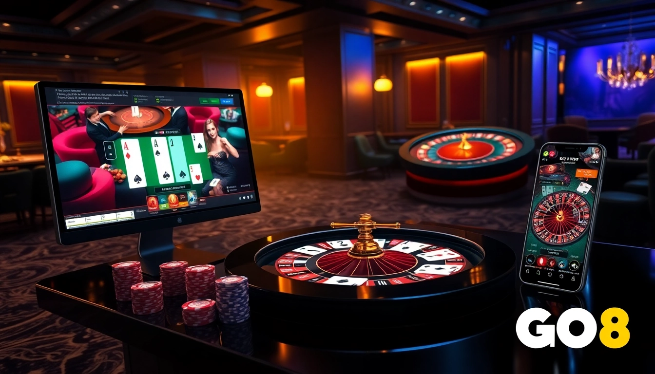 Engage with Đăng Nhập GO8 in a visually captivating online gambling atmosphere showcasing poker and roulette.