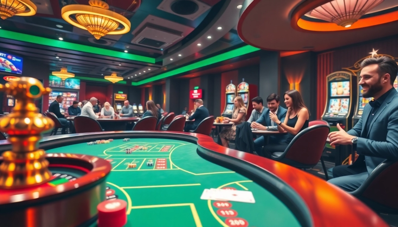 Engage in thrilling casino games at s8net.com, showcasing luxurious tables, vibrant slots, and excited players.