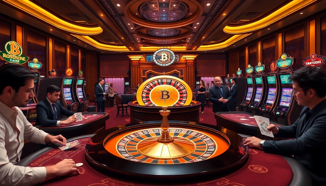 Action at a Bitcoin casino table with players and vibrant game elements.