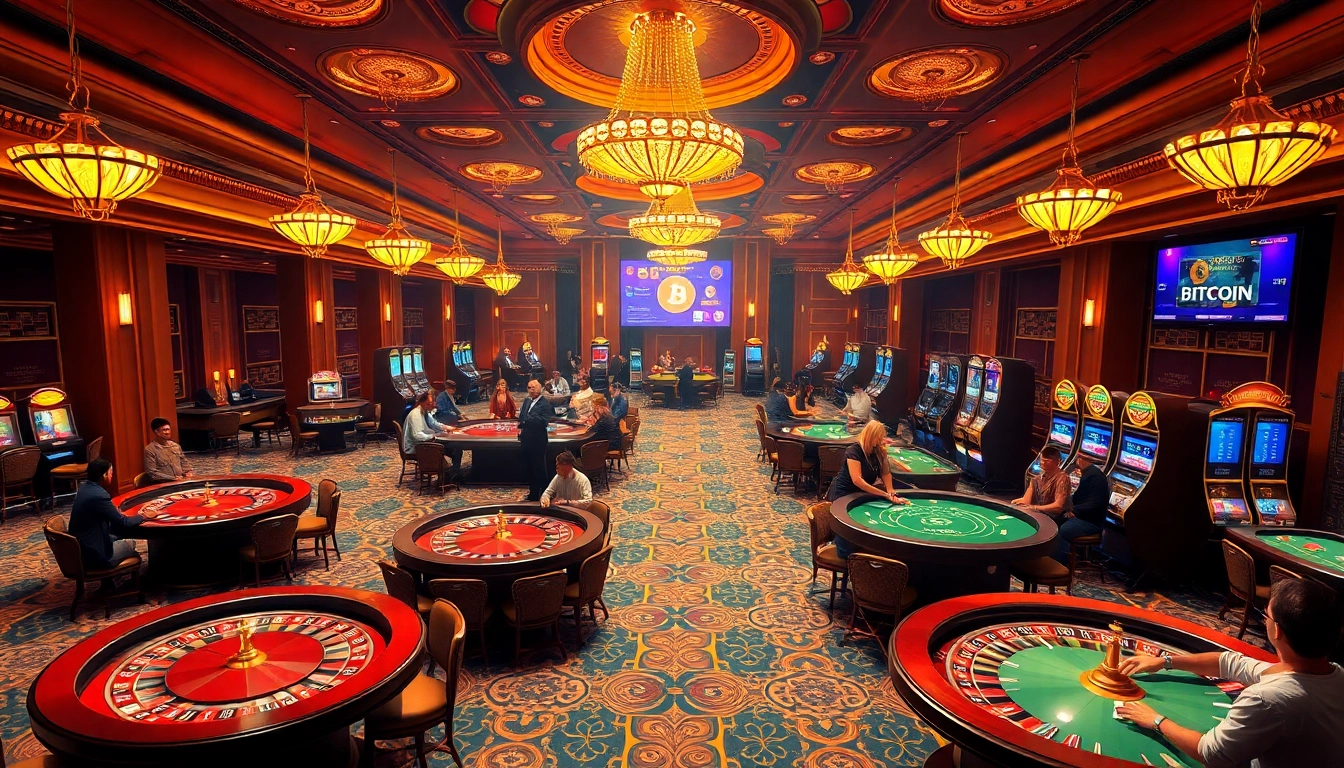 Exciting scene at a Bitcoin casino featuring vibrant tables, cards, and jackpot slots.