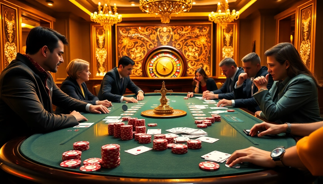 Engaging high-stakes poker game at qq88.co.com with vibrant chips and cards in a luxurious casino setting.