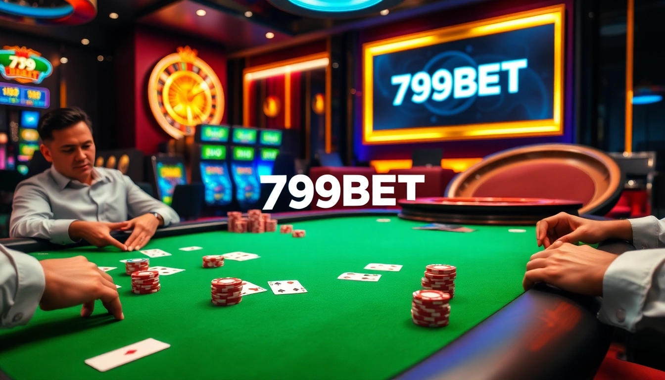 A dynamic casino scene highlighting the excitement of gambling at 789BET with poker, roulette, and slot machines.