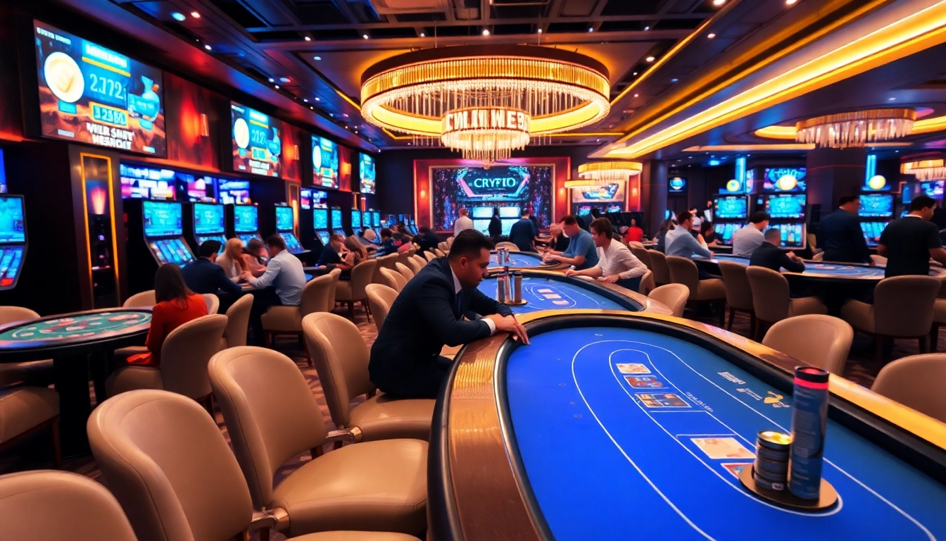 Jouez dans des crypto casinos modernes avec des lumières vives et des jeux dynamiques.