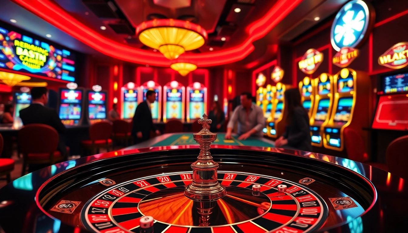 A dynamic casino en crypto scene featuring players at a luxurious roulette table and digital slot machines.