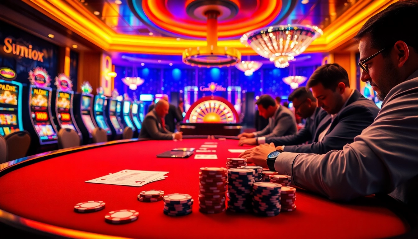 A dramatic poker showdown at B52club casino with intense players and vibrant slot machines.