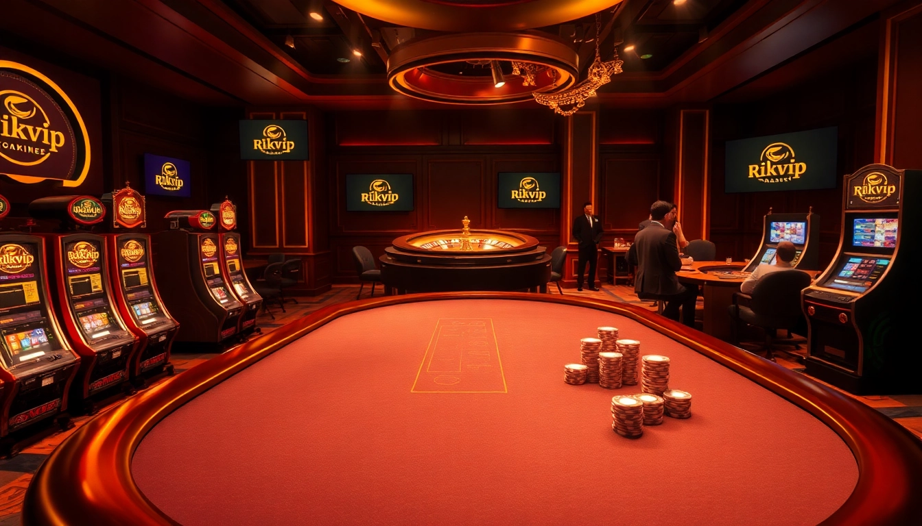 Exciting casino scene featuring Rikvip gaming elements with blackjack tables and roulette wheels.