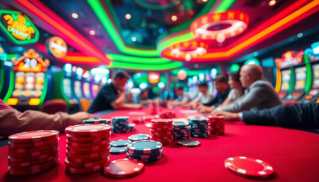 Les joueurs impliqués dans un jeu intense au crypto casino avec des lumières vives et des jetons colorés.