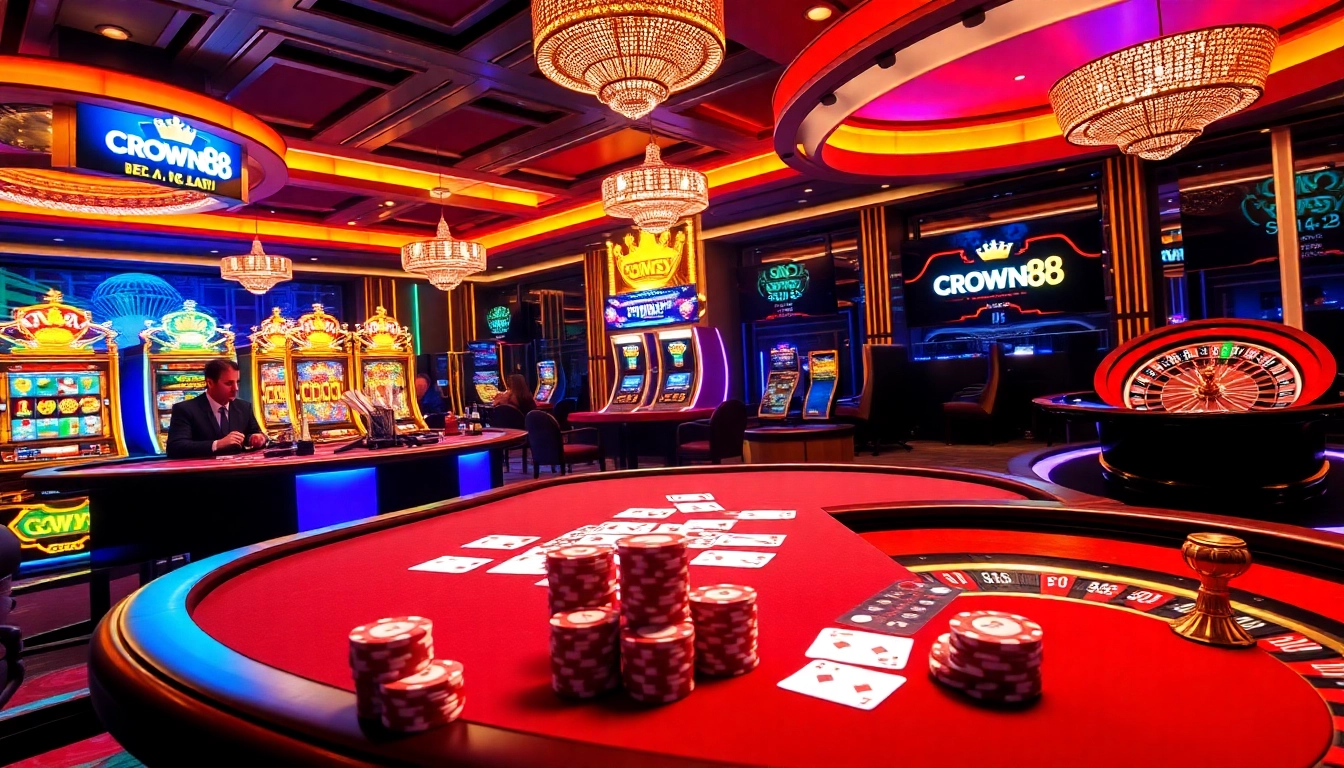 Crown88 players engaging at a luxurious casino table with vibrant slot machines and professional dealers.