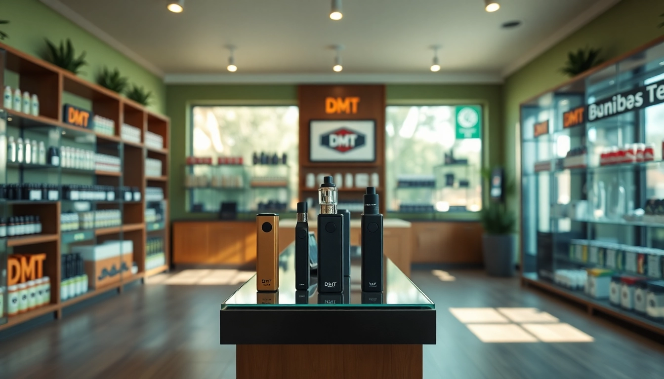 Buy DMT near me with a vibrant display of DMT vape products in a cozy shop setting.
