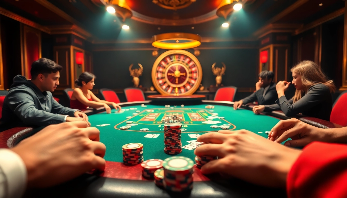 Players enjoy an exciting poker game at tg88, surrounded by luxury and thrilling casino elements.