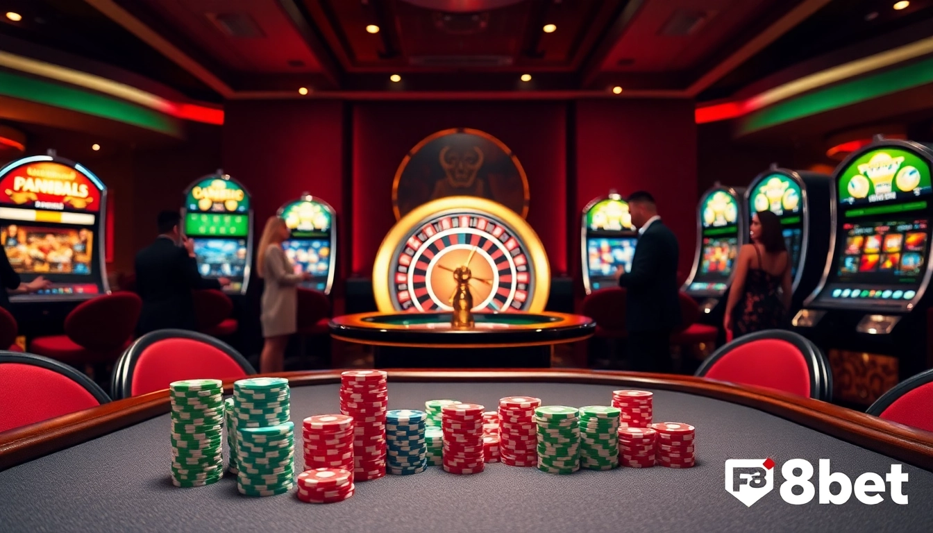 Experience the excitement of F8bet with engaging poker and roulette gameplay in a luxurious casino setting.