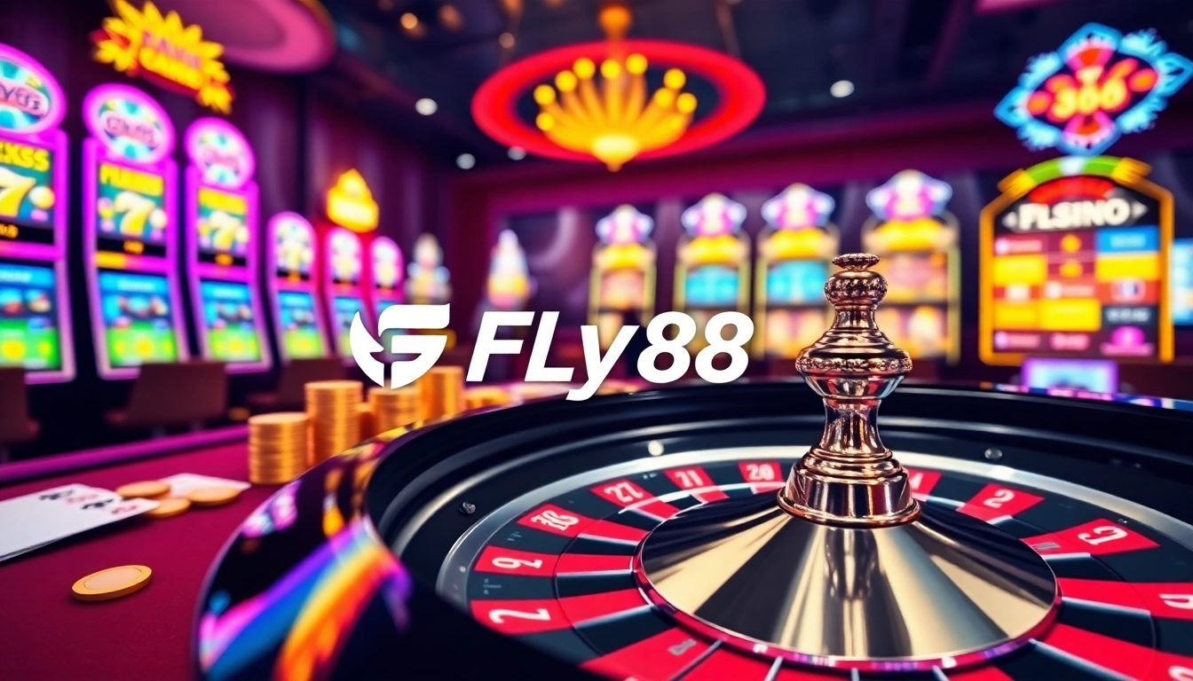 Experience thrilling gameplay at FLY88's luxurious online casino with poker chips and roulette.