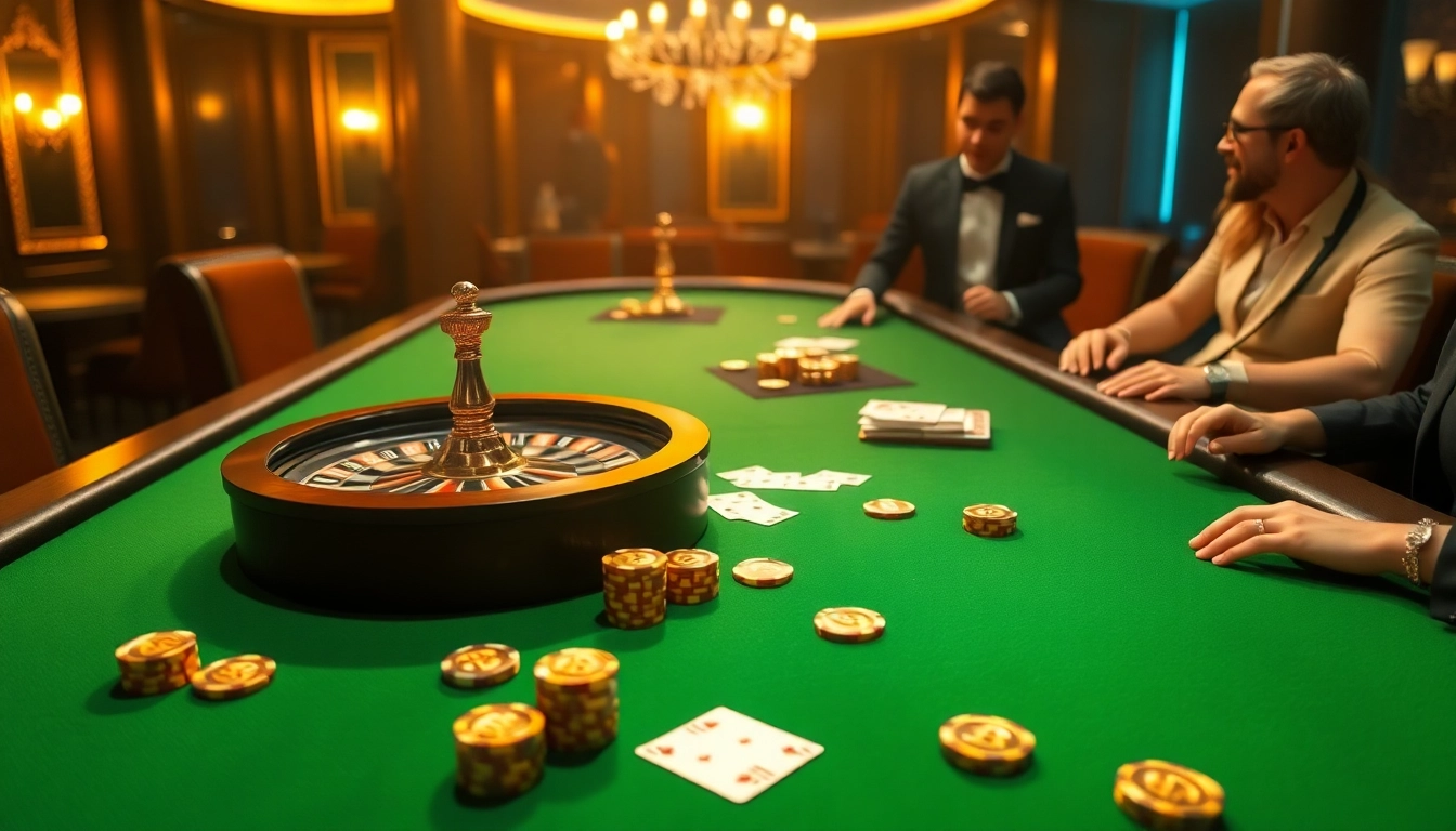 Players enjoying the thrilling atmosphere of a Bitcoin casino with vibrant poker chips and game tables.