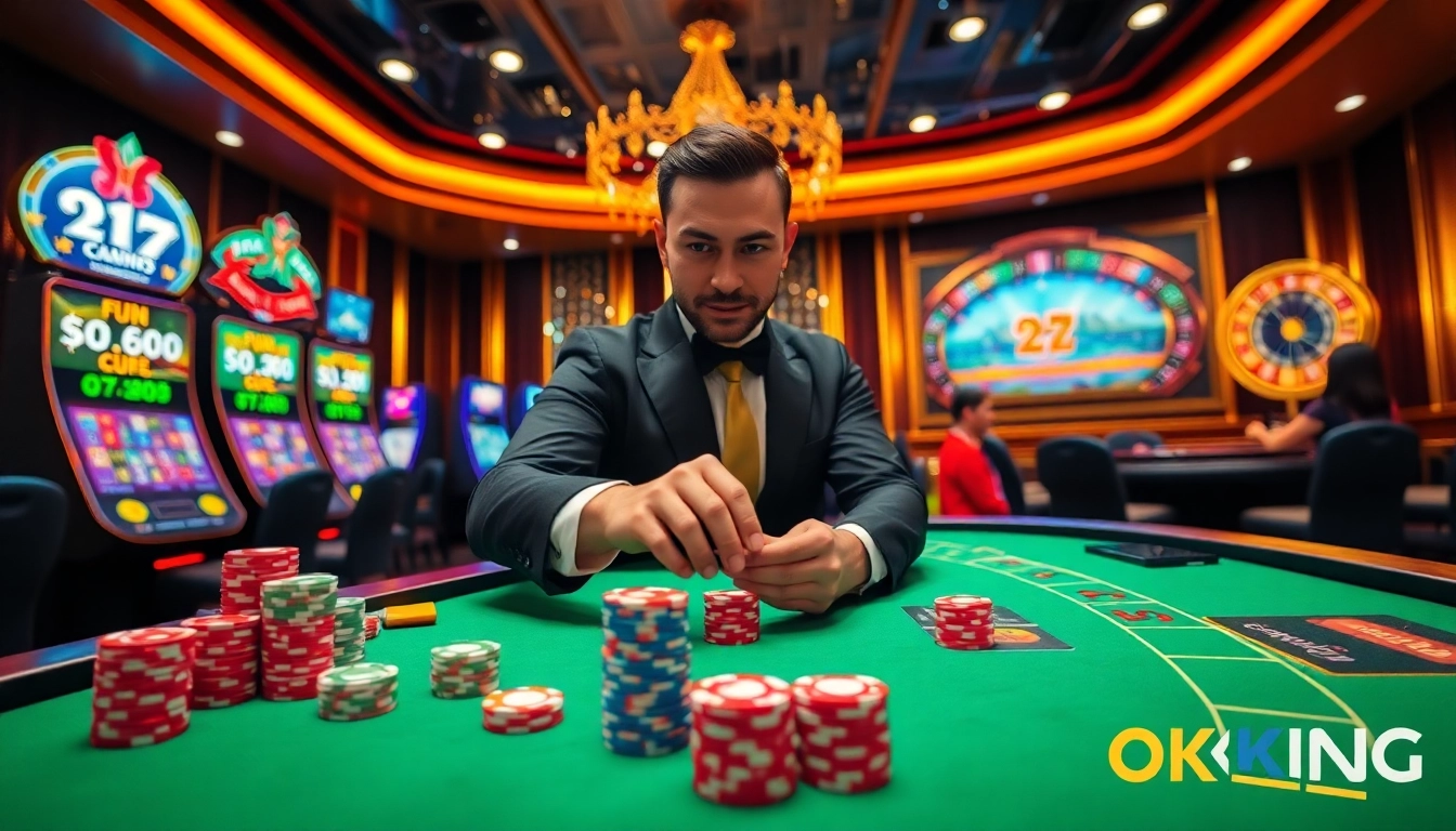 Exciting gambling action at OKKING COM with vibrant casino games and colorful poker chips.