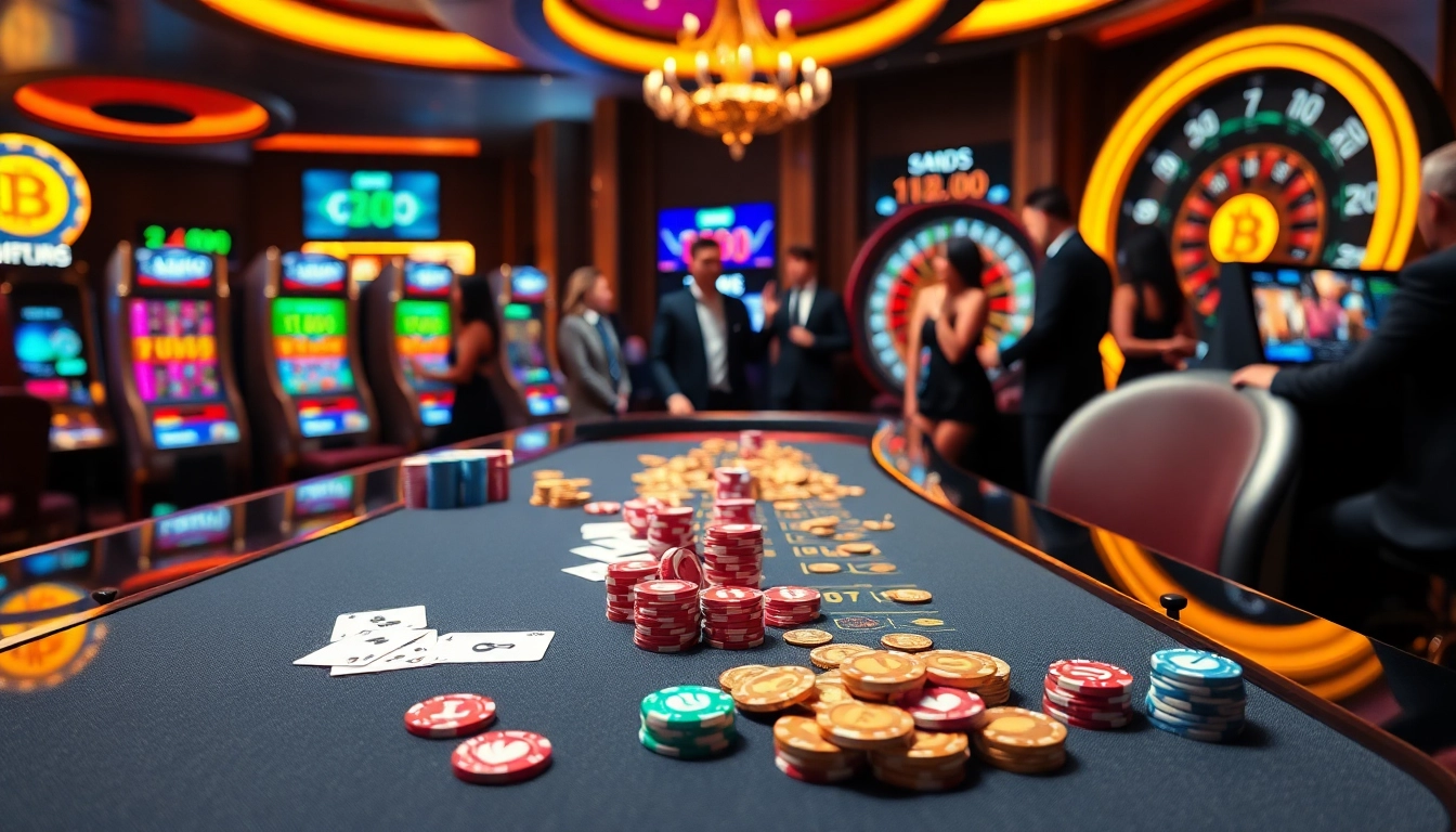 Players enjoying a thrilling game at a Bitcoin casino table with vibrant chips and cards.