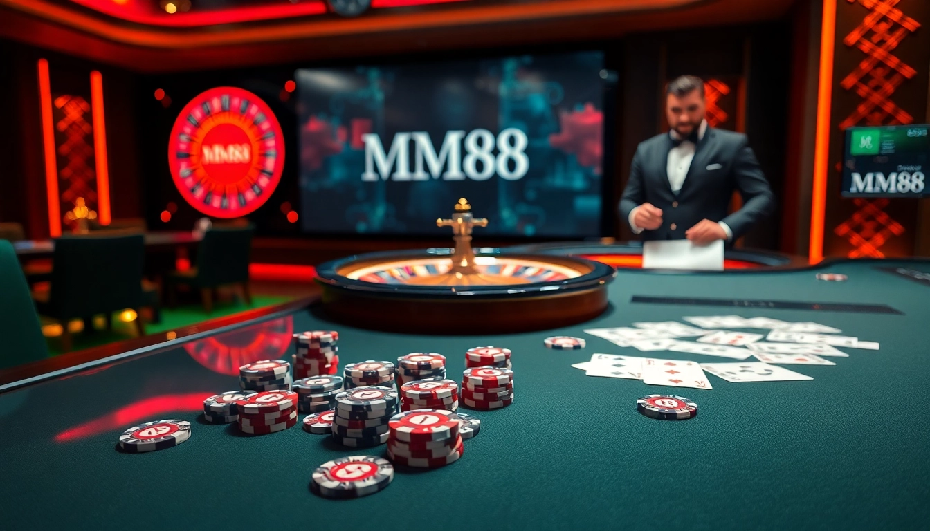 Experience thrilling gameplay at https://mm88bc.com/ with a vibrant casino table and poker chips.
