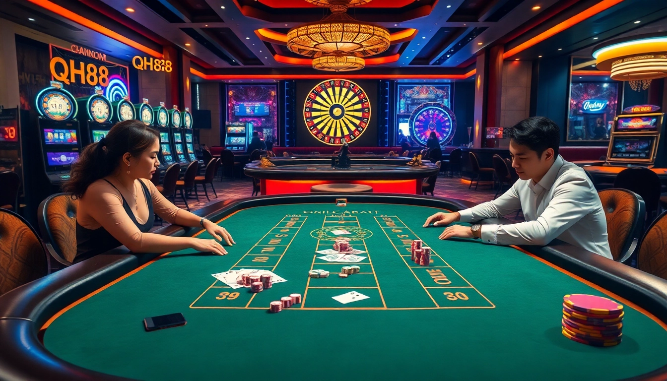 Excited players enjoying baccarat at QH88 casino with vibrant decor and luxurious atmosphere.