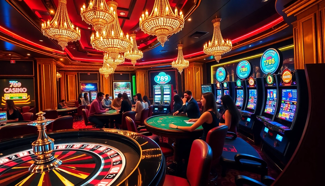 Excited players at 789 club enjoying roulette and slot machines in a vibrant casino setting.
